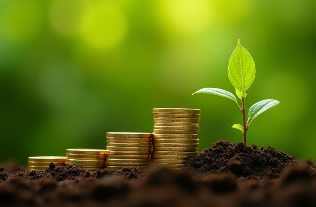 Stacked coins and a growing plant, illustrating the power of compound interest and long-term financial growth.