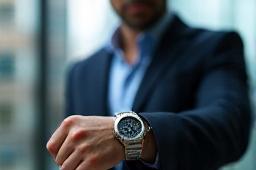 Person looking at watch with city skyline in background, representing short-term financial goals.